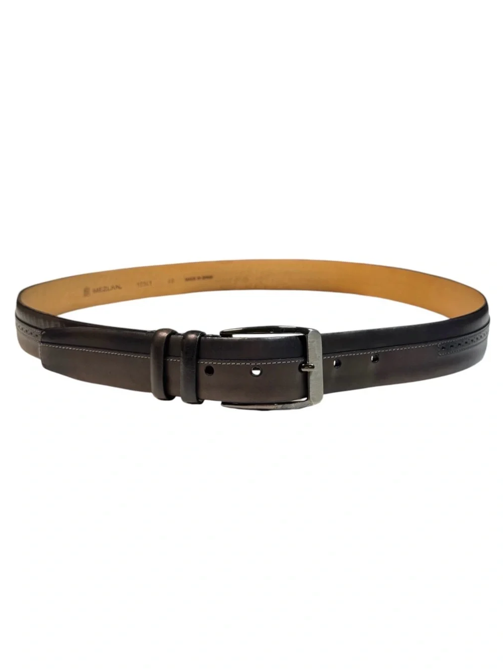 Mezlan Two-Tone Brogue Leather Men's Dress Belt Gray Black Gunmetal Spain 40